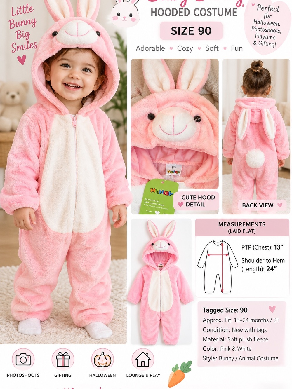NWT Michley Baby Bunny Plush Hooded Costume Size 90 Pink White Toddler